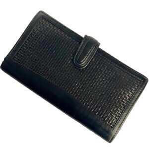 Vintage Coach Woven Leather Checkbook Wallet with Kiss Lock Long Black 90s